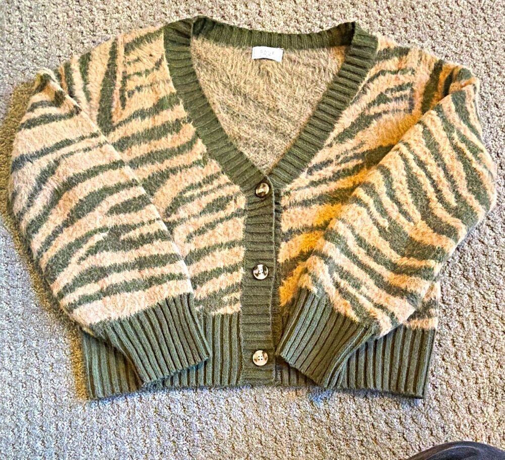 Sage the Label Zebra Cardigan Sweater M Knit V-Neck Button Front Boho Grunge
